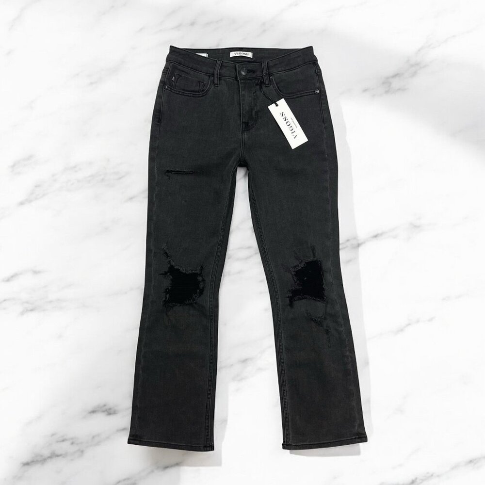 VIGOSS Stevie Crop Straight Jeans Size 27 Waist Distressed Denim Washed Black - Picture 3 of 9